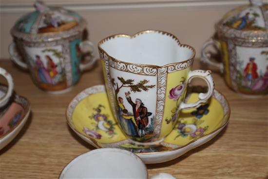 A group of Dresden cup saucers and covers, a Russian tea cup and other Continental porcelain cups